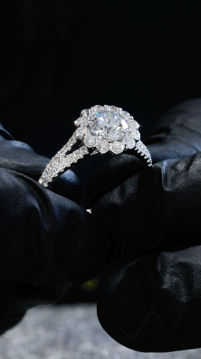 Round-Cut Lab-Grown Diamond Halo Engagement Ring with Pavé Split Shank in White Gold | Prong-Set Design