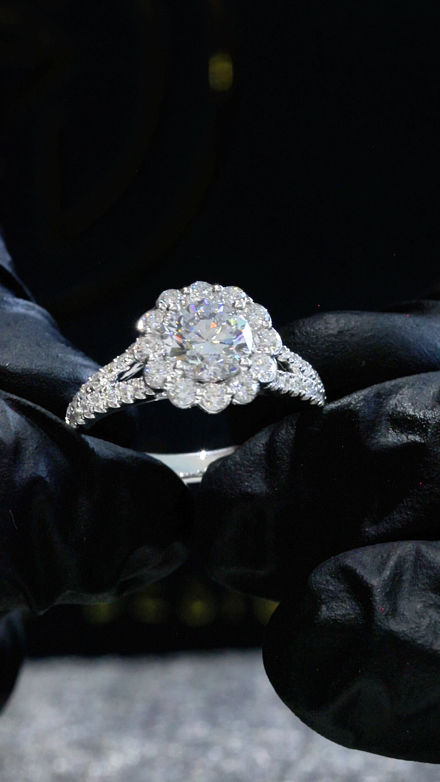 Round-Cut Lab-Grown Diamond Halo Engagement Ring with Pavé Split Shank in White Gold | Prong-Set Design