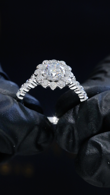 Round-Cut Lab-Grown Diamond Halo Wedding Band in White Gold | Prong-Set Floral Design