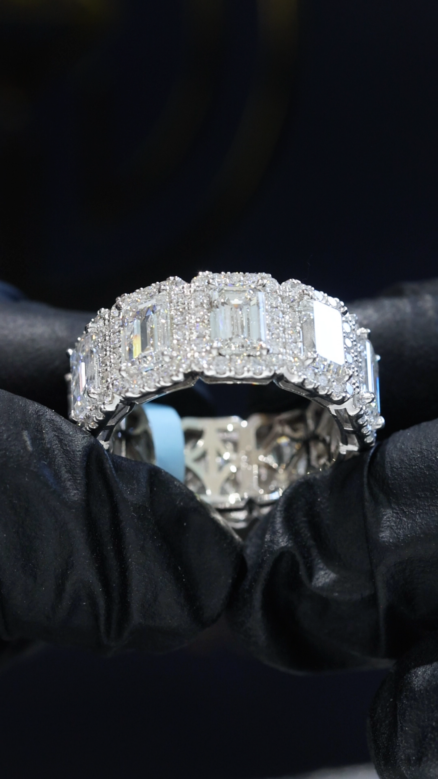 Emerald-Cut Lab-Grown Diamond Eternity Band with Halo Accents in White Gold | Luxury Prong-Set Design