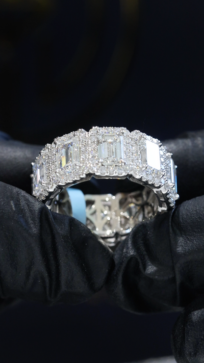 Emerald-Cut Lab-Grown Diamond Eternity Band with Halo Accents in White Gold | Luxury Prong-Set Design