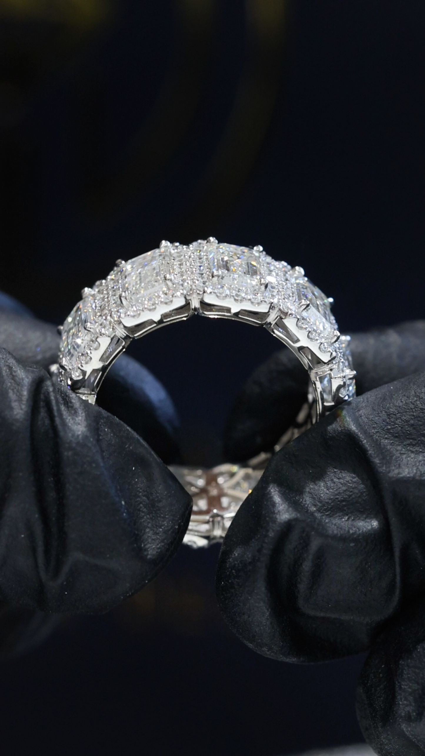 Emerald-Cut Lab-Grown Diamond Eternity Band with Halo Accents in White Gold | Luxury Prong-Set Design