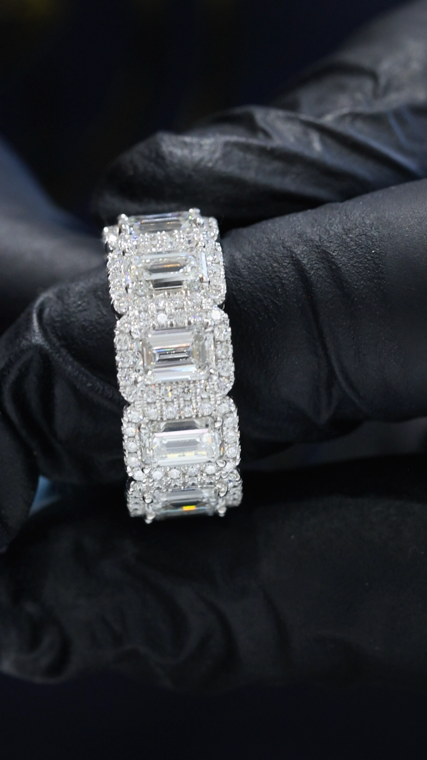 Emerald-Cut Lab-Grown Diamond Eternity Band with Halo Accents in White Gold | Luxury Prong-Set Design
