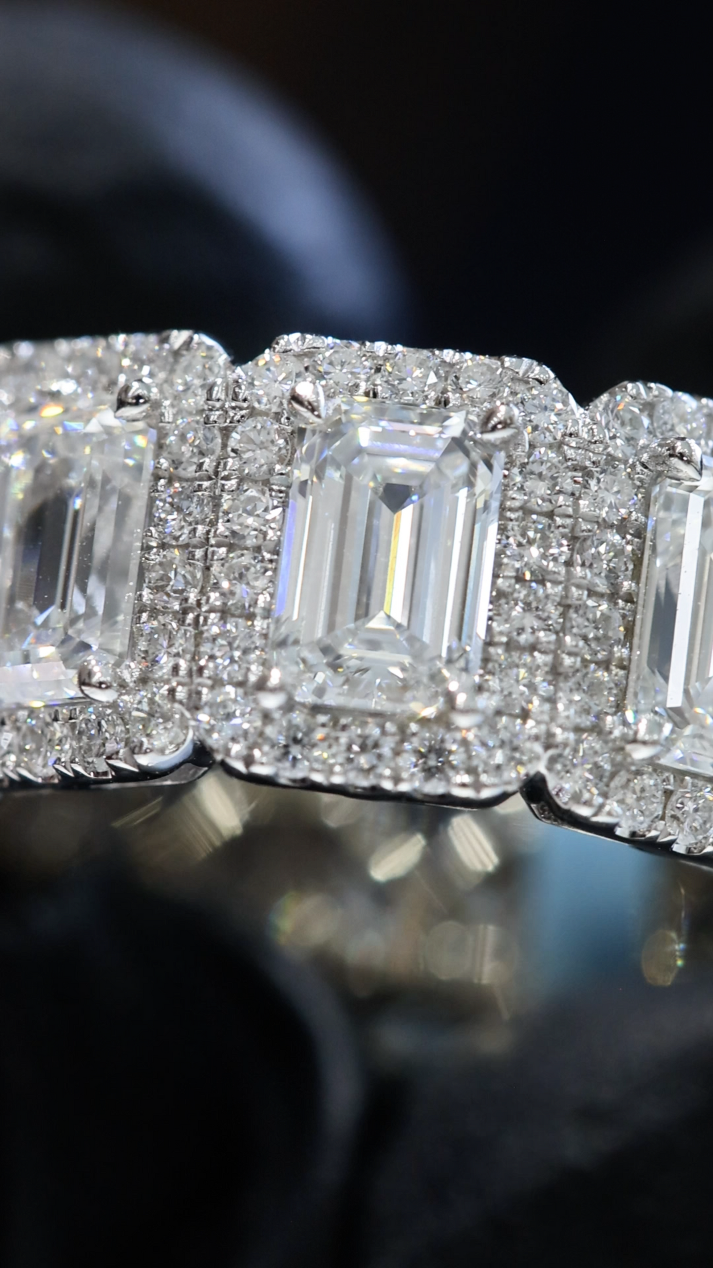 Emerald-Cut Lab-Grown Diamond Eternity Band with Halo Accents in White Gold | Luxury Prong-Set Design
