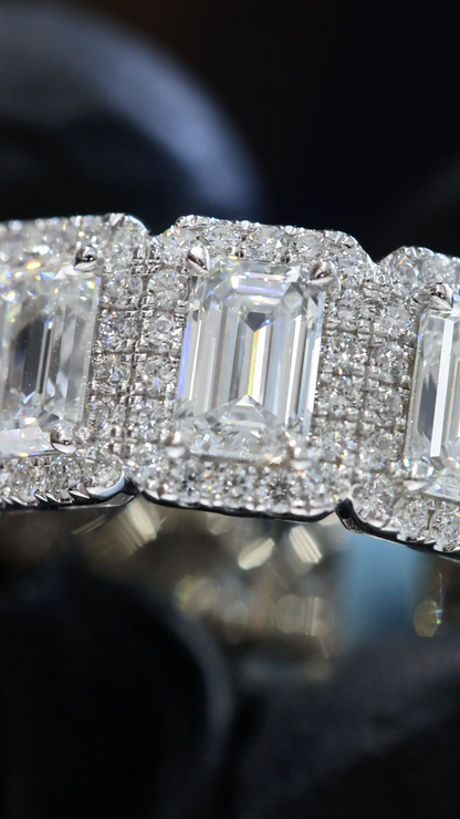 Emerald-Cut Lab-Grown Diamond Eternity Band with Halo Accents in White Gold | Luxury Prong-Set Design