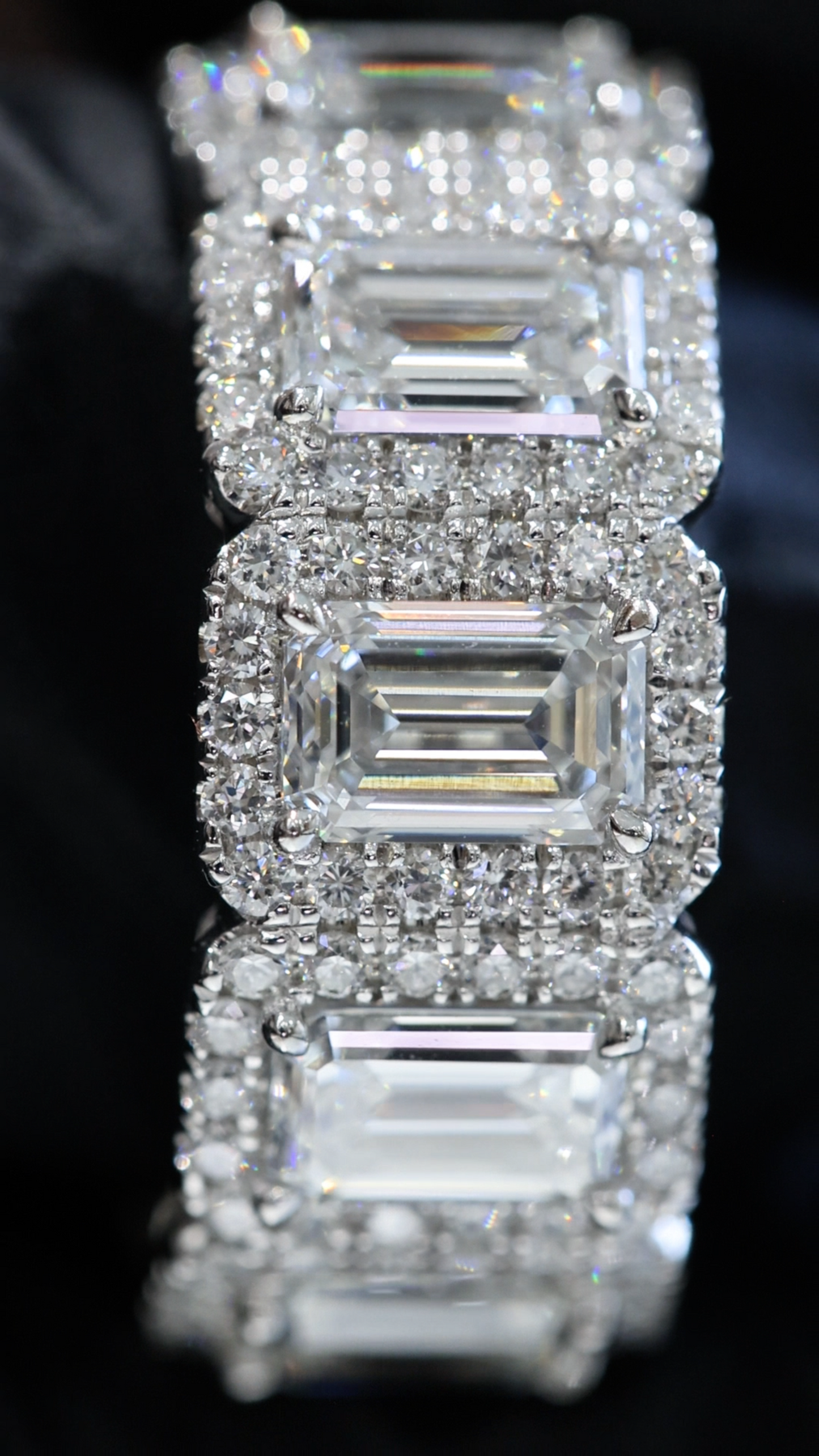 Emerald-Cut Lab-Grown Diamond Eternity Band with Halo Accents in White Gold | Luxury Prong-Set Design
