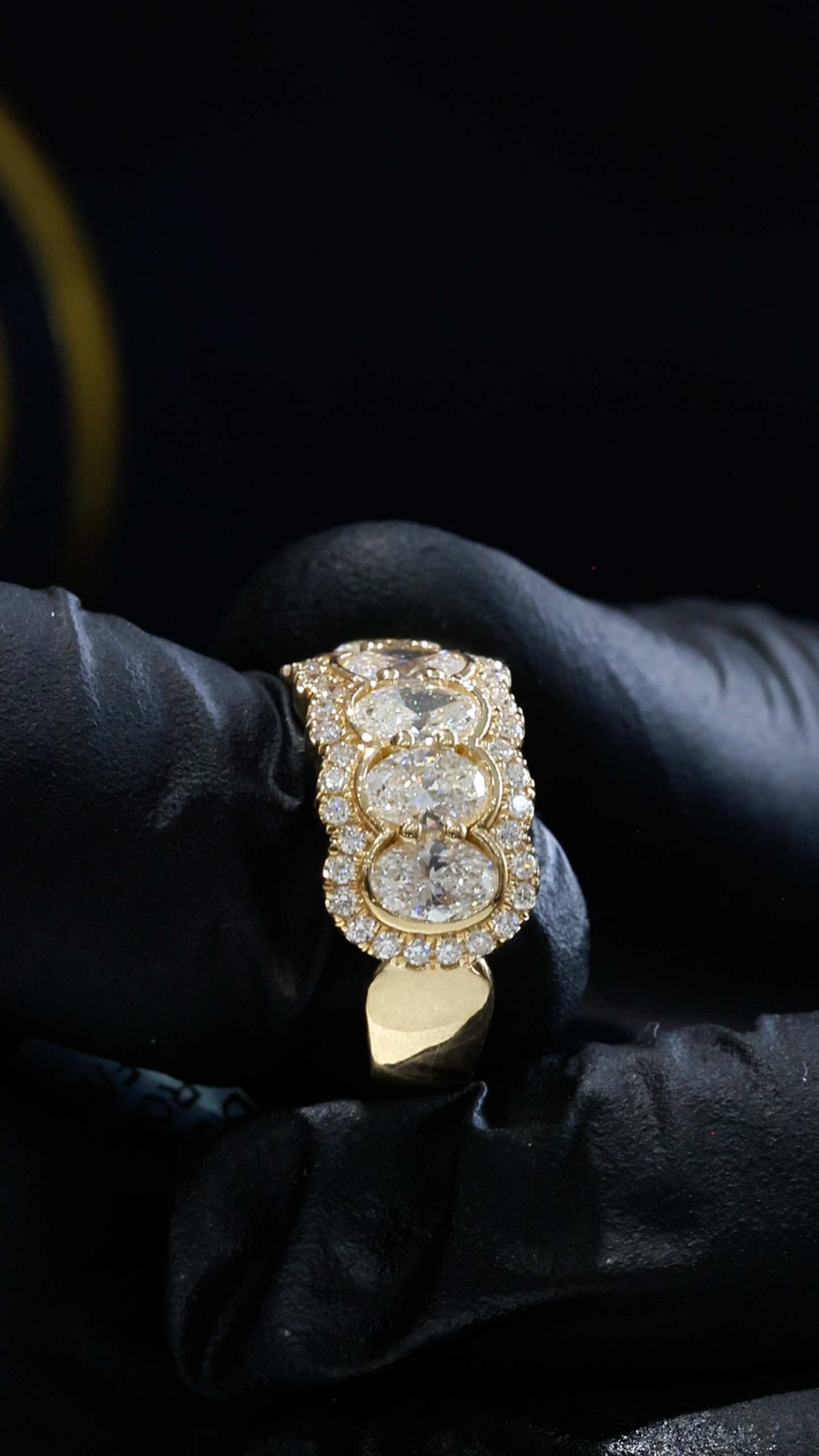 Oval Lab-Grown Diamond Wedding Band with Double Halo Design in Yellow Gold | Prong-Set Eternity Style