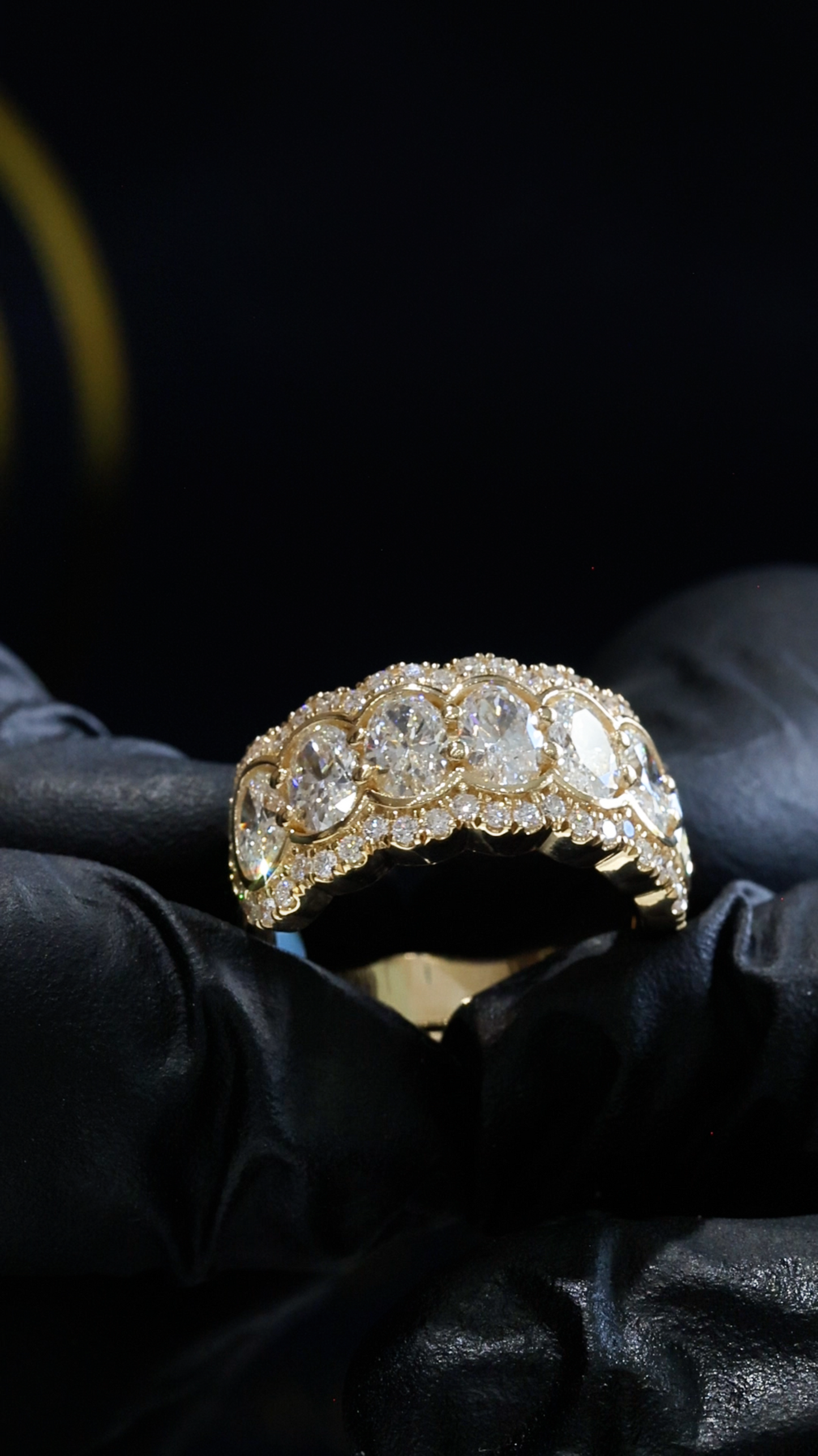 Oval Lab-Grown Diamond Wedding Band with Double Halo Design in Yellow Gold | Prong-Set Eternity Style