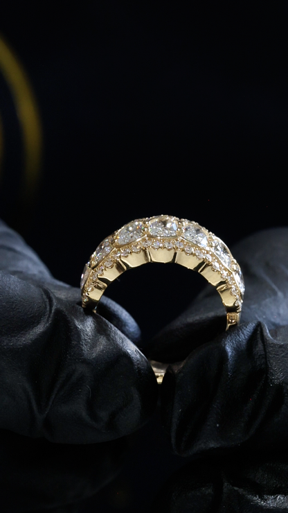 Oval Lab-Grown Diamond Wedding Band with Double Halo Design in Yellow Gold | Prong-Set Eternity Style