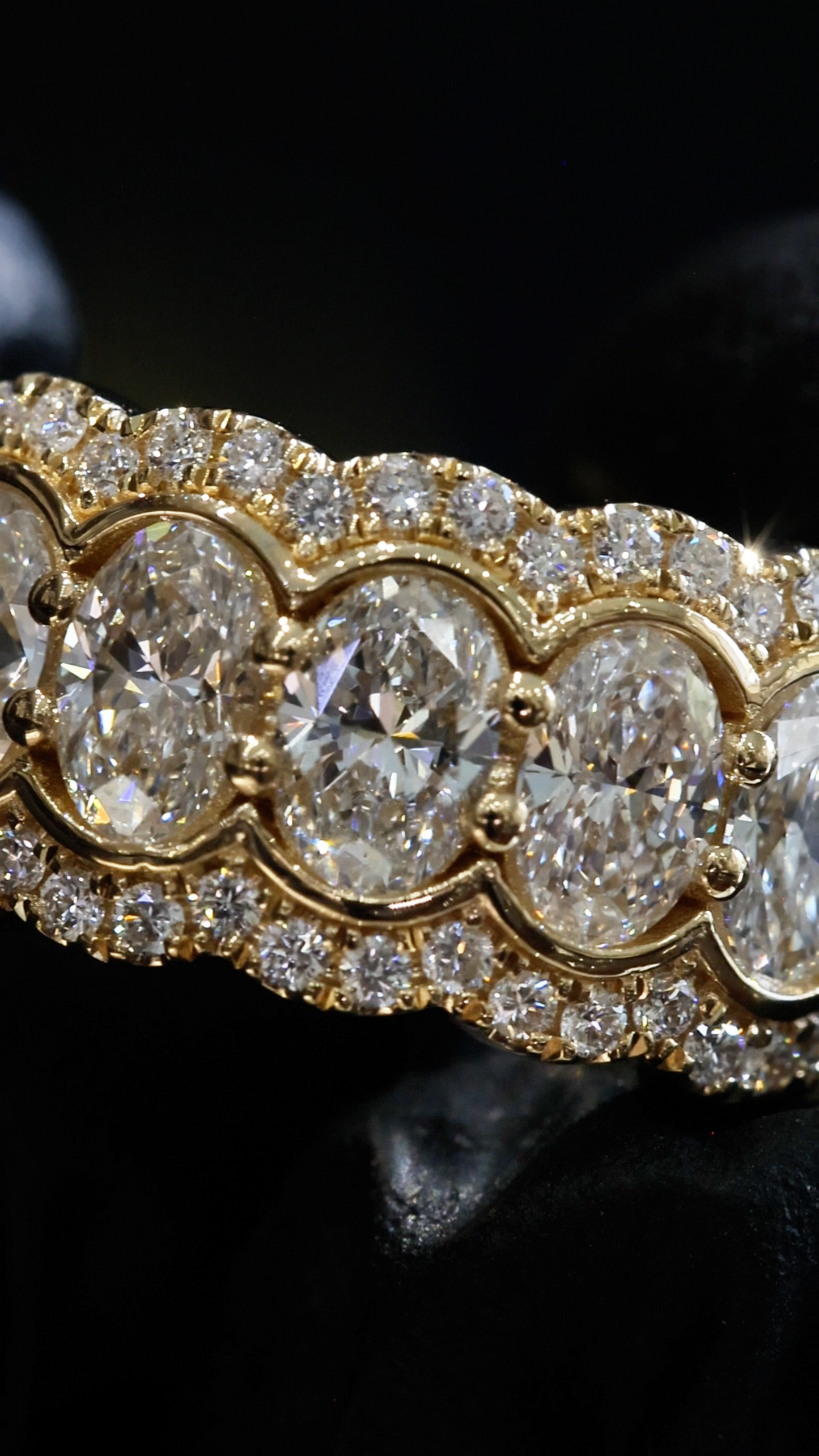 Oval Lab-Grown Diamond Wedding Band with Double Halo Design in Yellow Gold | Prong-Set Eternity Style