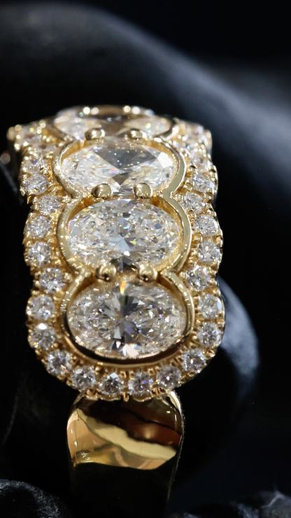 Oval Lab-Grown Diamond Wedding Band with Double Halo Design in Yellow Gold | Prong-Set Eternity Style