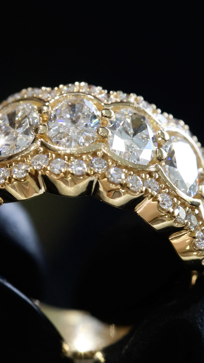 Oval Lab-Grown Diamond Wedding Band with Double Halo Design in Yellow Gold | Prong-Set Eternity Style