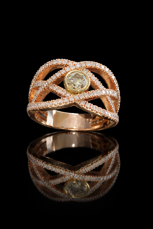 Natural Fancy Yellow Diamond Infinity Ring with Pavé Accents in Rose Gold | Elegant Modern Design
