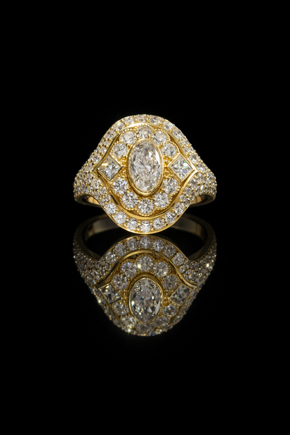 Natural Diamond Oval Halo Ring with Pavé Split Shank in Yellow Gold | Elegant Statement Design
