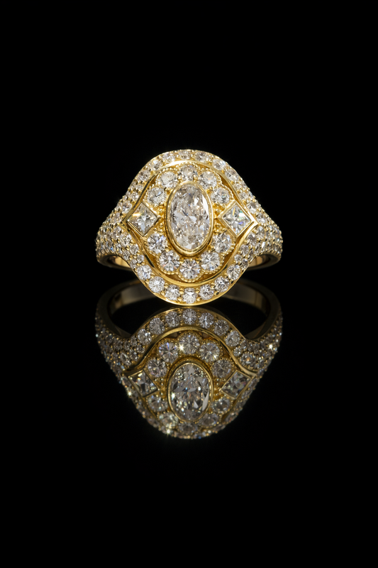 Natural Diamond Oval Halo Ring with Pavé Split Shank in Yellow Gold | Elegant Statement Design