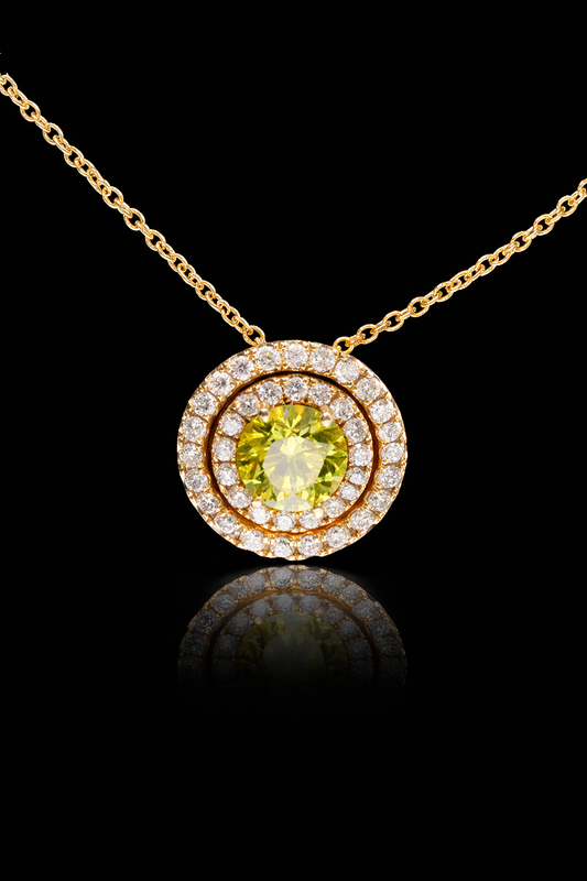 Fancy Yellow Diamond Halo Necklace in Yellow Gold | Floral Openwork Design