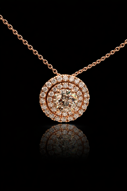 Natural Brown Round Diamond Double Halo Necklace in Rose Gold | Classic Halo Design