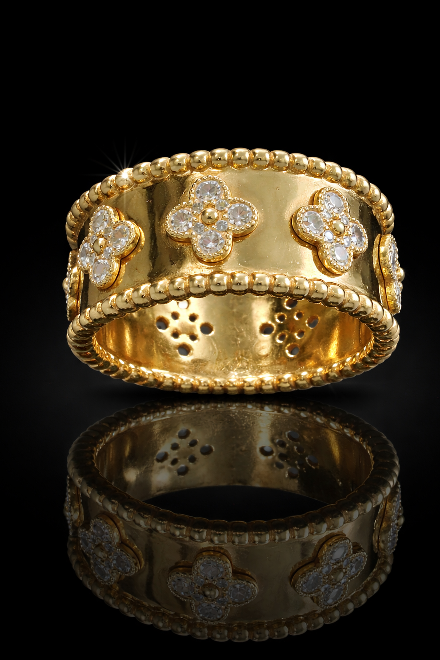 Natural Diamond Clover Motif Wide Band Ring in 14K Yellow Gold | Bold Statement Design