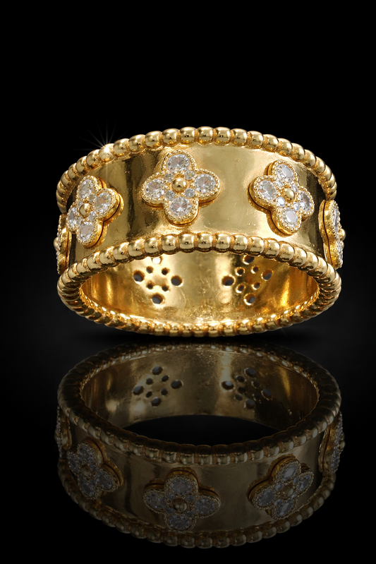 Natural Diamond Clover Motif Wide Band Ring in 14K Yellow Gold | Bold Statement Design