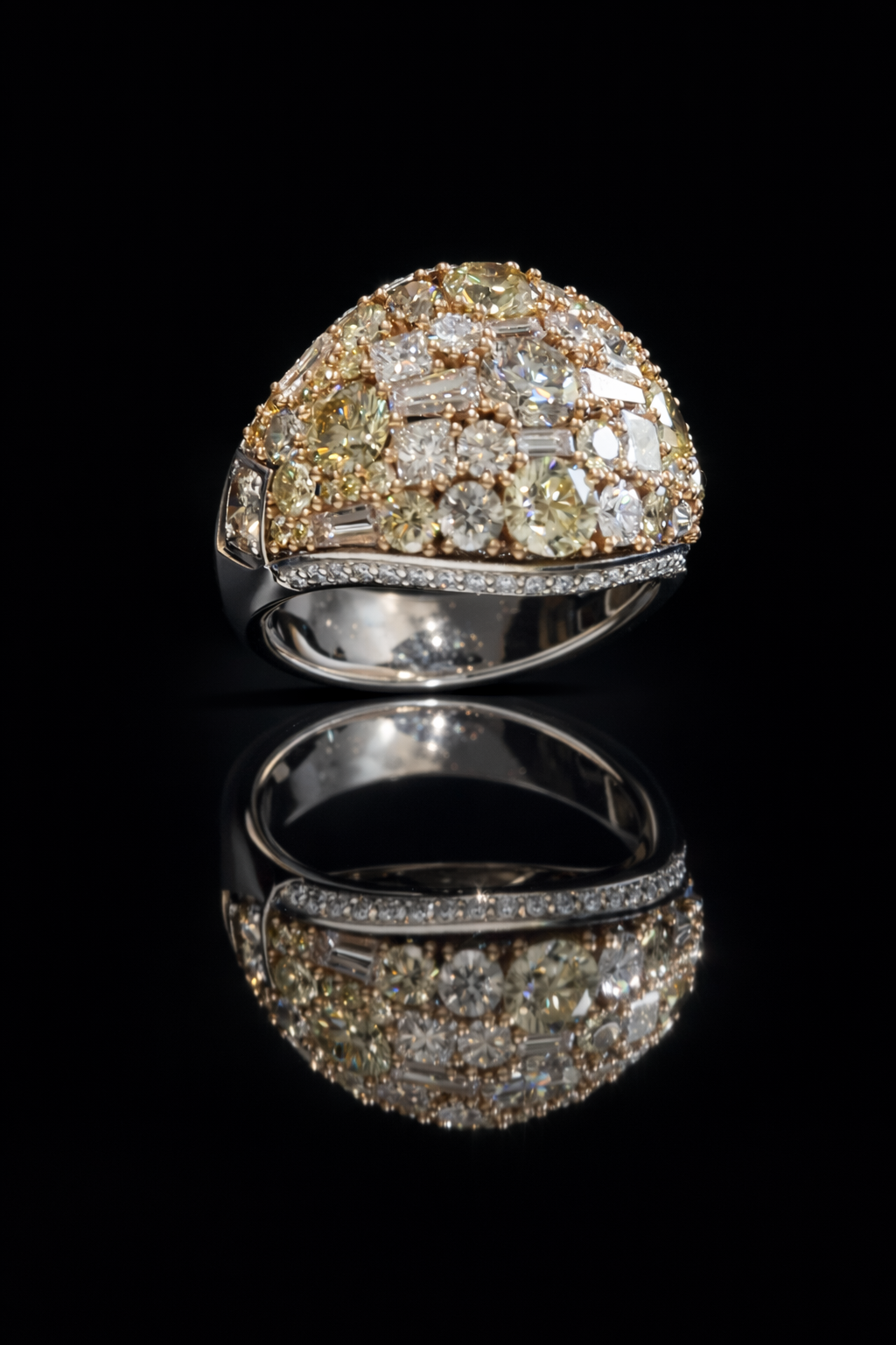 Natural Fancy Yellow Diamond Dome Ring with Mixed-Cut Mosaic in Two-Tone Gold | Bold Statement Design