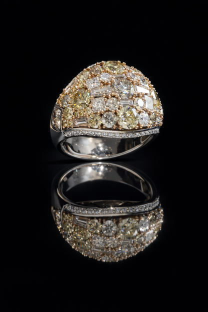Natural Fancy Yellow Diamond Dome Ring with Mixed-Cut Mosaic in Two-Tone Gold | Bold Statement Design