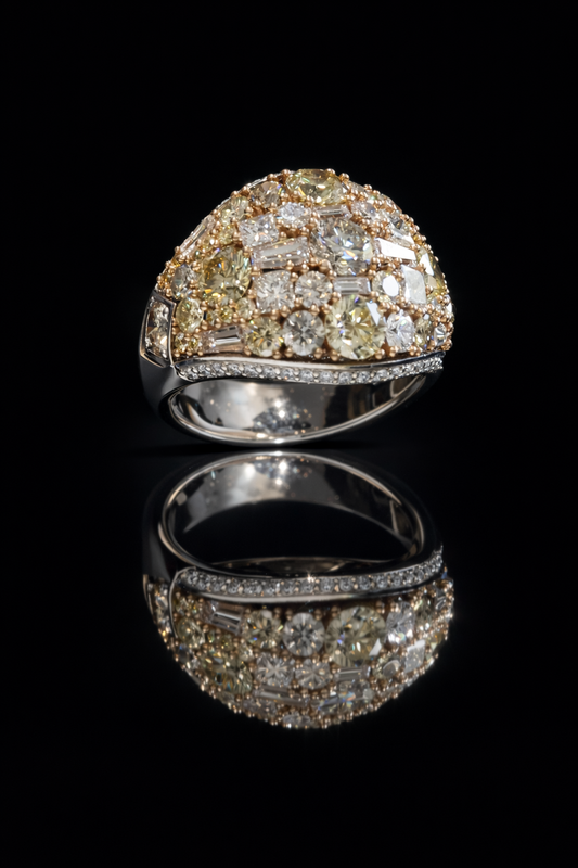 Natural Fancy Yellow Diamond Dome Ring with Mixed-Cut Mosaic in Two-Tone Gold | Bold Statement Design