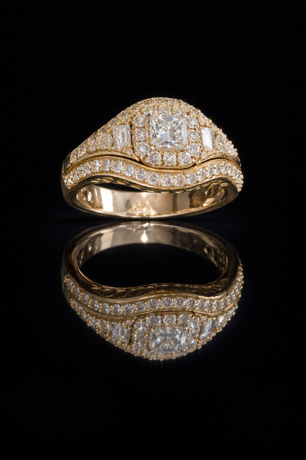 Princess & Baguette Multi-Diamond Halo Ring in 14K Yellow Gold | 1.46 CTW