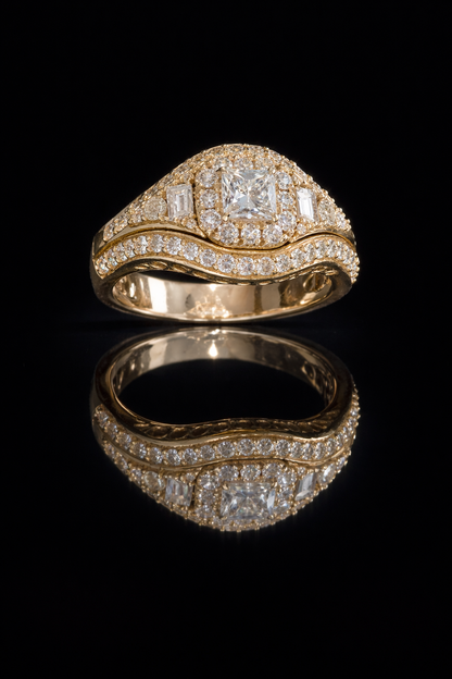 Princess & Baguette Multi-Diamond Halo Ring in 14K Yellow Gold | 1.46 CTW