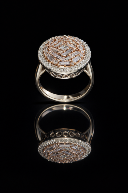 Natural Diamond Oval Dome Ring with Baguette Mosaic in Two-Tone Gold | Bold Statement Design