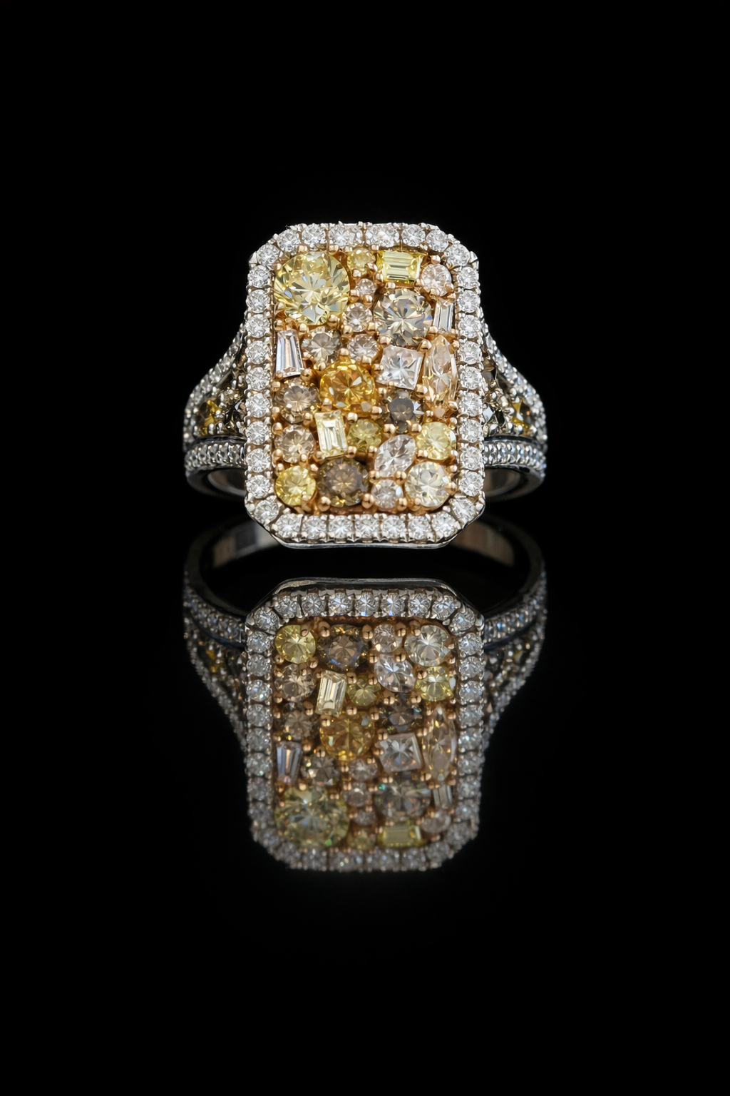 Natural Fancy Yellow Diamond Cushion Mosaic Ring with Halo in Two-Tone Gold | Luxury Statement Design
