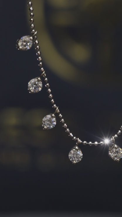Natural Diamond Dangling Teardrop Station Necklace in White Gold | Elegant Fringe Design