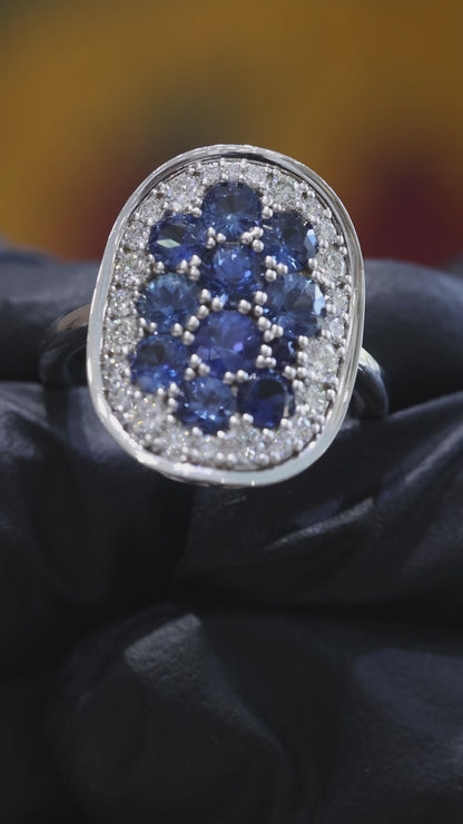 Sapphire & Diamond Halo Cluster Ring in 14K White Gold | 2.54 CT TW
