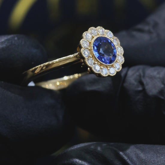 Natural Sapphire Diamond Halo Flower Ring 14K Yellow Gold | 0.92 CT houston jeweler