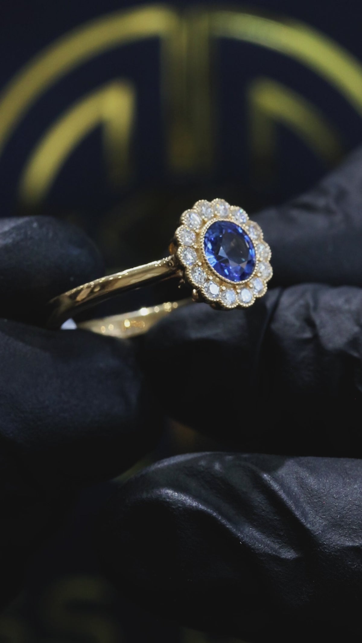 Natural Sapphire Diamond Halo Flower Ring 14K Yellow Gold | 0.92 CT houston jeweler
