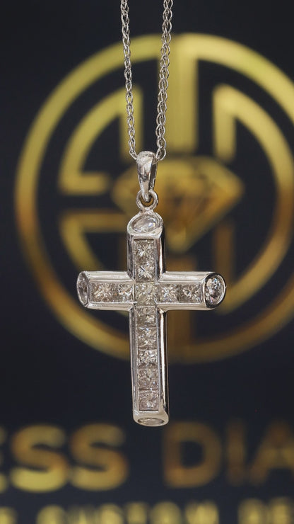 Natural Diamond Cross Pendant Necklace in 14K White Gold | Baguette & Round Diamond Cross