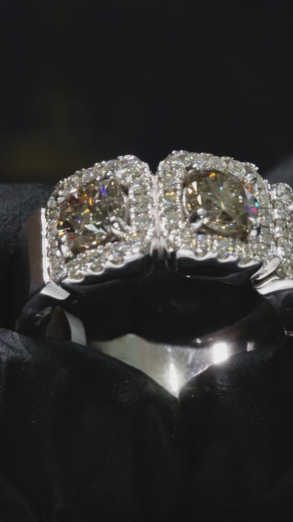Natural Brown Diamond Three-Stone Halo Engagement Ring in White Gold | Vintage-Inspired Luxury Design