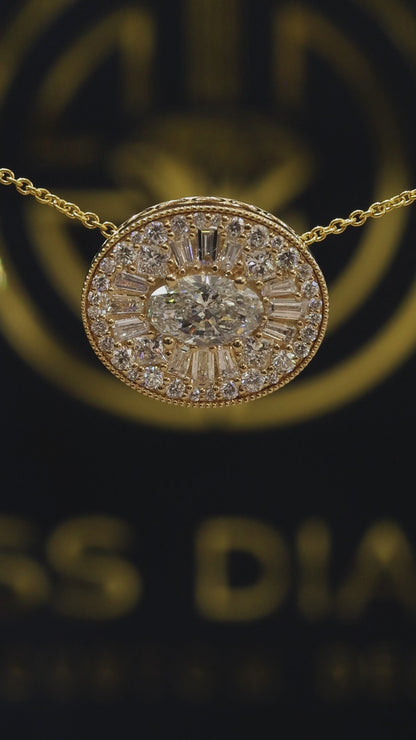 Natural Diamond Oval Halo Medallion Pendant in Yellow Gold | Vintage Sunburst Design
