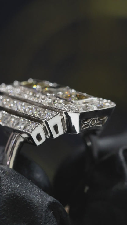 GIA Certified Natural Diamond Fancy Halo Engagement Ring in White Gold | Architectural Multi-Halo Design