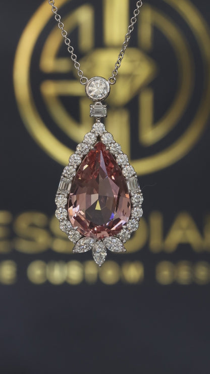 14K white gold pear shape morganite halo pendant with 6.01 carat center stone and 2.01 carat G-H SI diamond setting