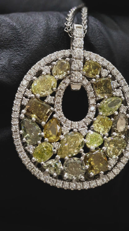 Natural Fancy Yellow & White Diamond Open Circle Pendant in White Gold | Multi-Shape Halo Design