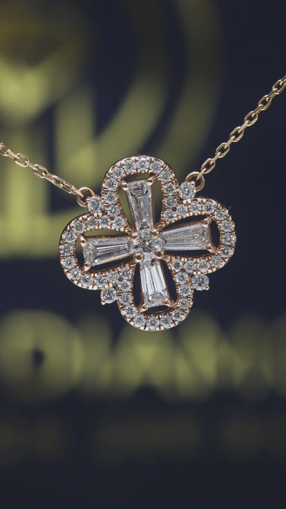 Round & Baguette Diamond Clover Necklace in Rose Gold | Halo Cross Design