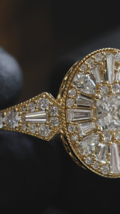 Natural Diamond Oval Halo Mosaic Ring with Princess-Cut Center in Yellow Gold | Vintage-Inspired Statement Design