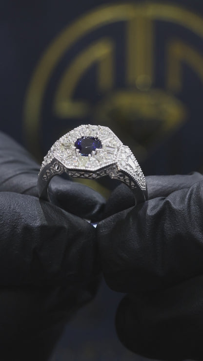 Midnight Hexagon Sapphire Ring in White Gold | Art Deco Baguette Diamond Halo