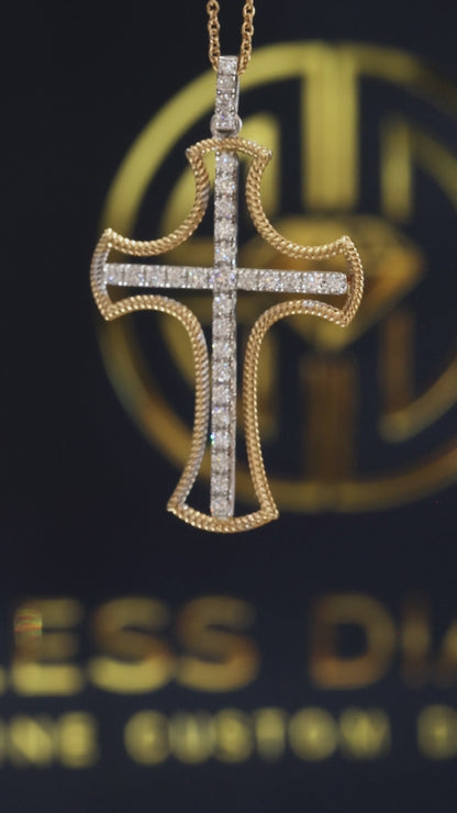 Natural Diamond Rope Cross Necklace in Yellow Gold | Pavé Cross Pendant