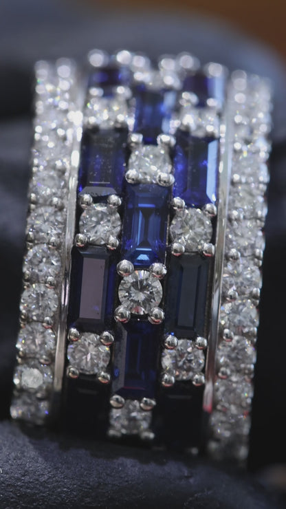 Blue Sapphire & Diamond Multi-Row Band in White Gold |3.55 ctw