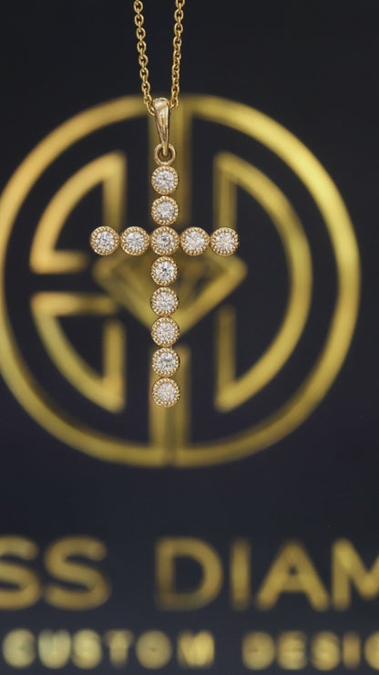 Natural Round Diamond Cross Pendant Necklace in 14K Yellow Gold | Bezel-Set Diamond Drop Cross
