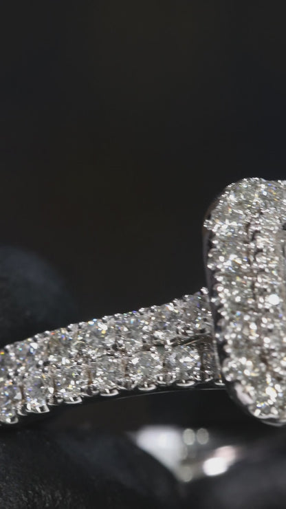 GIA Certified Natural Princess Cut Diamond Engagement Ring with Double Halo & Split Pavé Band in White Gold