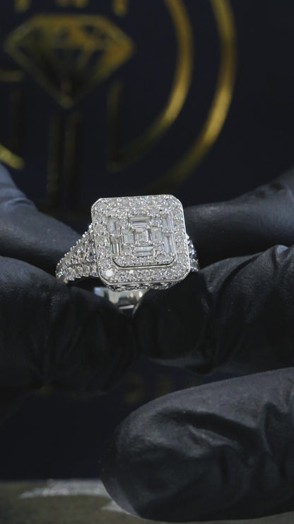 Natural White Diamond Square Halo Ring with Mixed-Cut Mosaic in White Gold | Bold Vintage-Inspired Statement Design