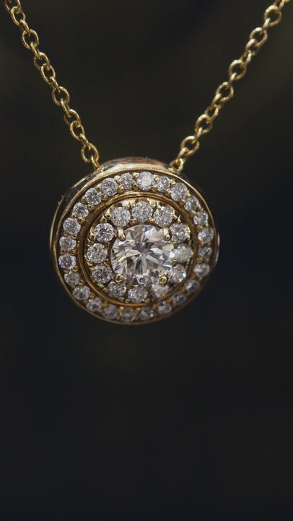 Natural Diamond Double Halo Pendant Necklace in Yellow Gold | Floral Back Gallery Design