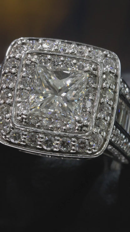 GIA Certified Natural Princess Cut Diamond Engagement Ring with Double Halo Pavé in 14K White Gold | Luxe Cushion Silhouette